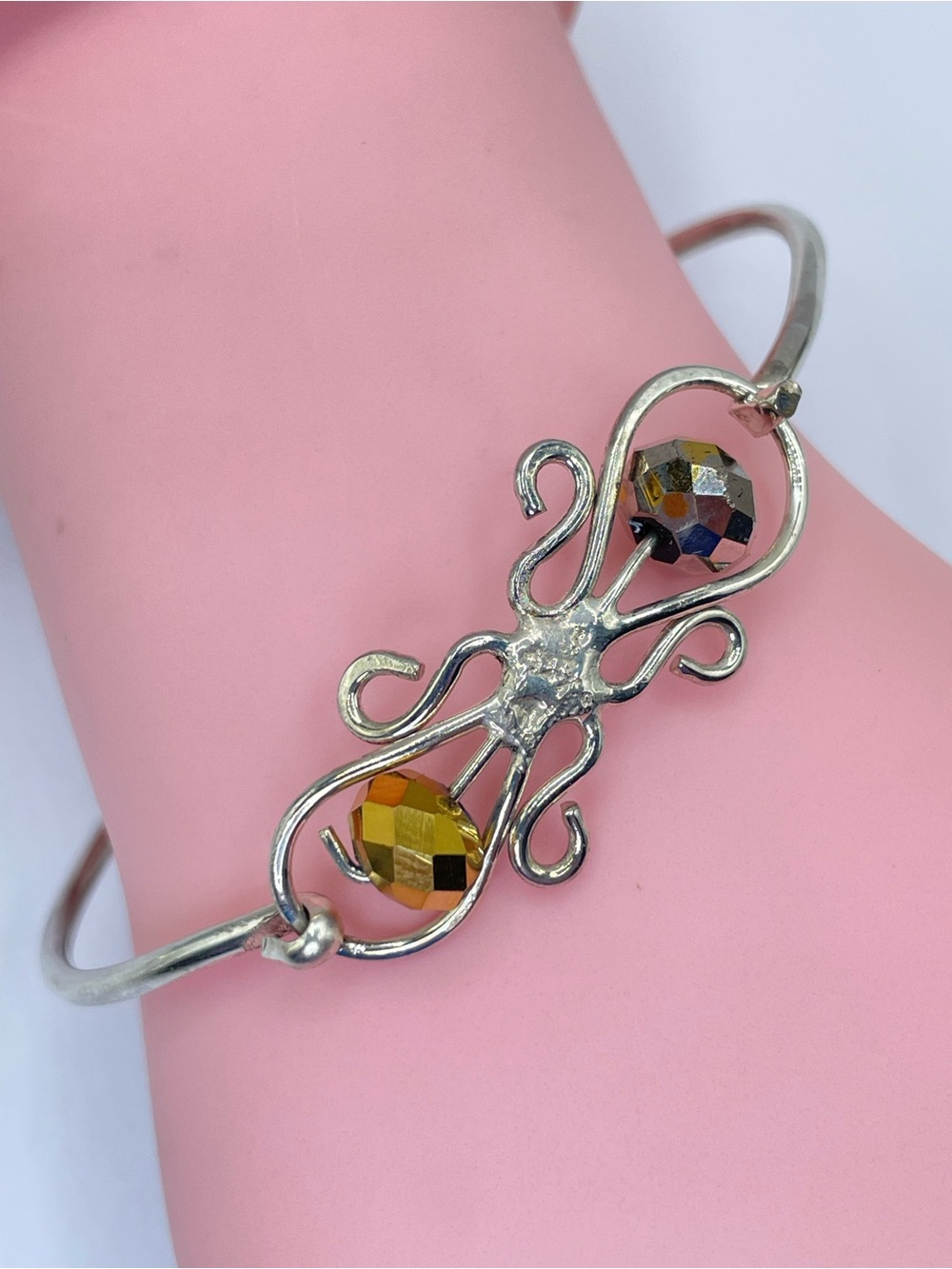 Vintage Taxco Mexico Silver Tone Yellow Glass Bead Artisan Bangle Bracelet Boho
